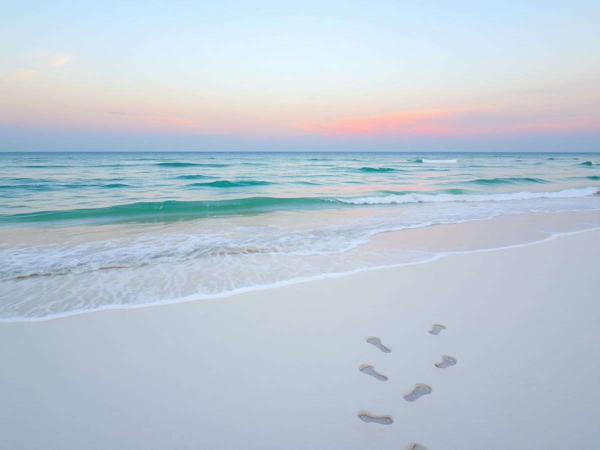 Calm turquoise waves meeting a wide white-sand Florida beach at sunrise