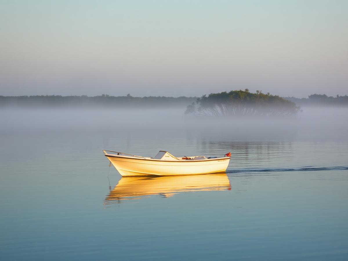 Small white fishing boat drifting on the misty Indian River Lagoon at sunrise