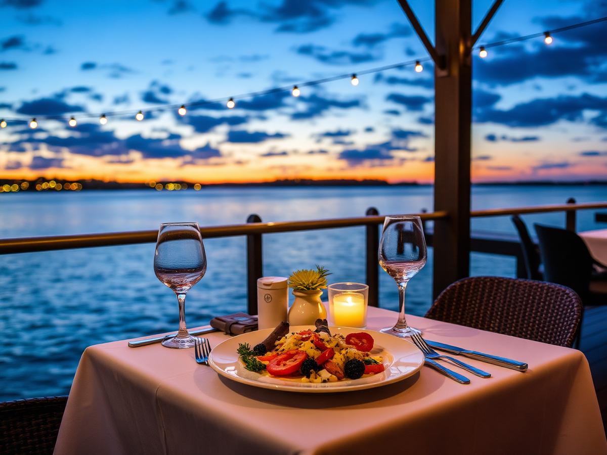 Outdoor waterfront restaurant table overlooking a Florida lagoon at dusk