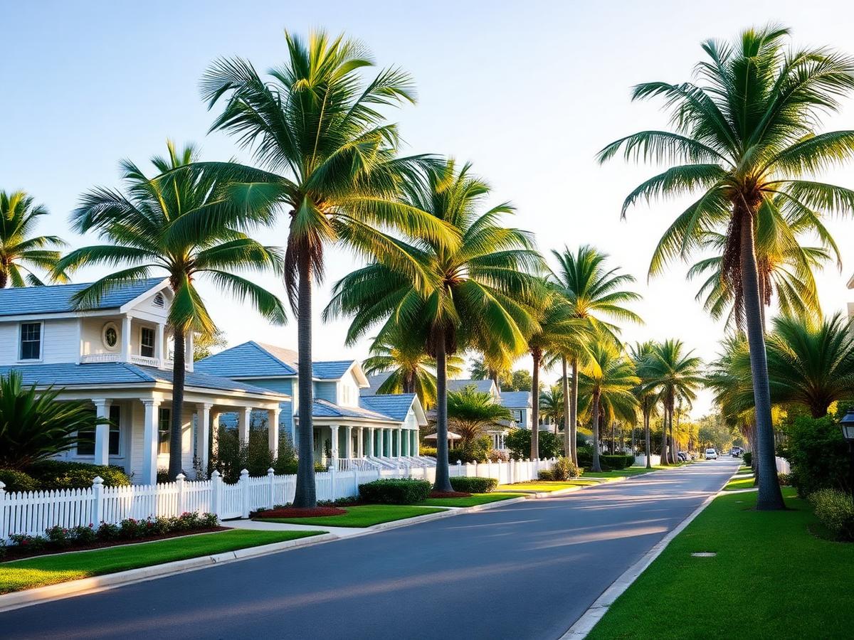 Palm-lined residential street with white coastal cottages in Vero Beach