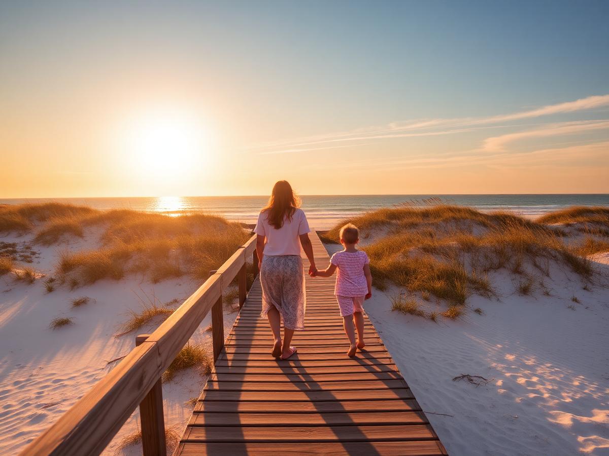 Family walking a wooden dune boardwalk toward the Atlantic Ocean at golden hour