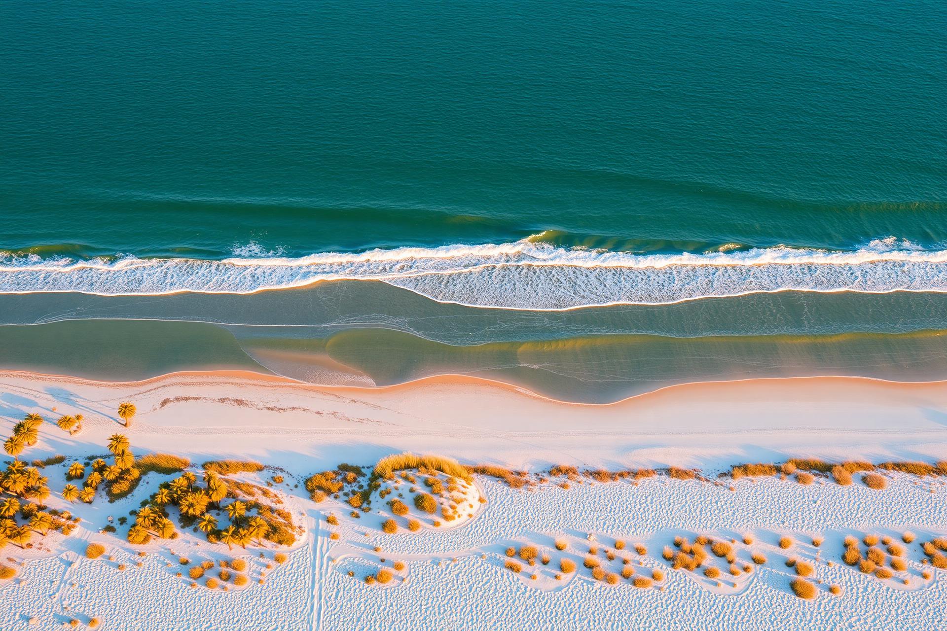 Aerial view of the Atlantic Ocean meeting a wide white-sand beach with palm trees in Vero Beach, Florida